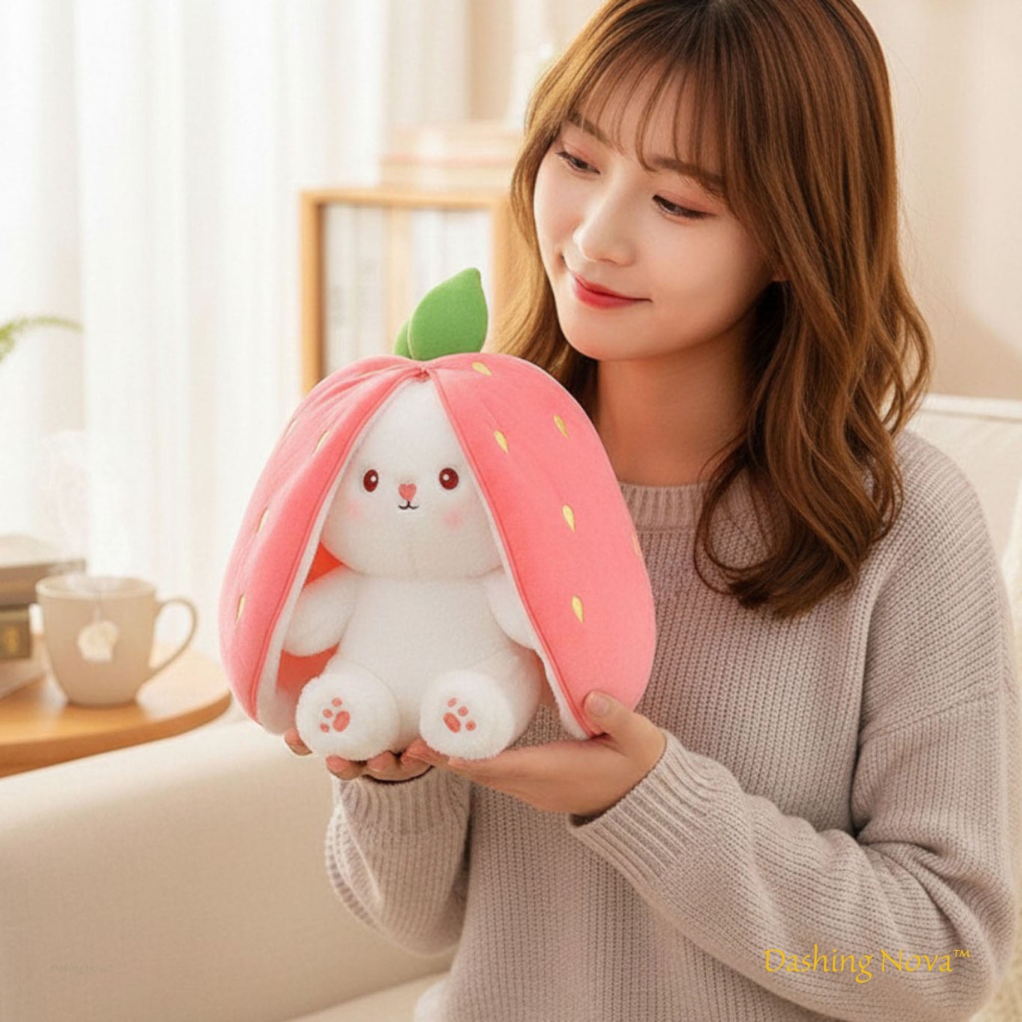 Reversible Strawberry Bunny Plush Toy Gift for Kids Stuffed Animal